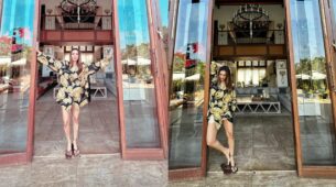 Malaika Arora looks gorgeous in a black and gold Versace Print silk pajama shirt