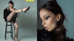 Elli Avram is the ultimate Goth beauty in black bodysuit, flaunts long legs in fish net stockings