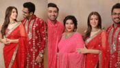 Hansika Motwani poses with Sohael Khaturiya while wearing a red mirror-work saree for ‘Mata Ki Chowki’