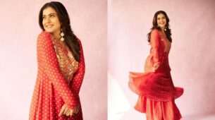 Kajol Sizzles In Tangerine Polka Dots Anarkali Salwar Suit In Filmy Vibes; See Pics