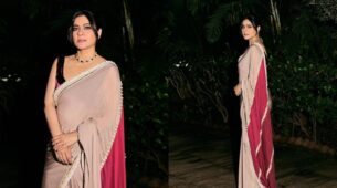 Kajol Sparkles In Red And Pink Saree With Purple Velvet Blouse