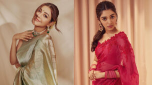 Kriti Shetty In Pink Sequin Embroidered Or Kajal Aggarwal In Green Gold Work Silk; Whose Saree Is Your Choice For A Minimalistic Look?