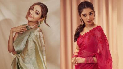 Kriti Shetty In Pink Sequin Embroidered Or Kajal Aggarwal In Green Gold Work Silk; Whose Saree Is Your Choice For A Minimalistic Look?