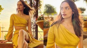 Manushi Chhillar looks incredibly boho-chic in a yellow cortina dress with a thigh-high slit outfit