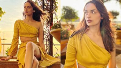 Manushi Chhillar looks incredibly boho-chic in a yellow cortina dress with a thigh-high slit outfit