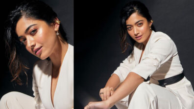 Rashmika Mandanna looks radiant in an all-white loose-fitting trouser outfit