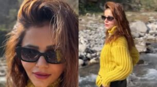 Watch: Rubina Dilaik basks under the mountain sun, pursues glam in olive green sweater top and cargo
