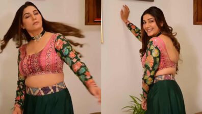Sapna Choudhary Looks Electrifying In Green And Pink Lehenga With Choker Neckpiece