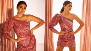Shriya Saran Sparkles & Dripless in a hot video, Falguni Shane Peacock designed a pink sequin one-shoulder minidress