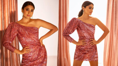 Shriya Saran Sparkles & Dripless in a hot video, Falguni Shane Peacock designed a pink sequin one-shoulder minidress