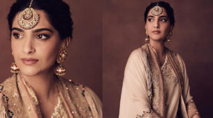 Sonam Kapoor Ahuja donned a mauve-colored saree with a stunning jacket created by Anamika Khanna