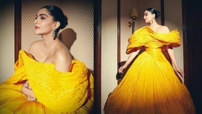 Sonam Kapoor looks stunning in a yellow Sara Mrad Couture “Marigold” hand-pleated taffeta dramatic gown at the Red Sea Film Festival