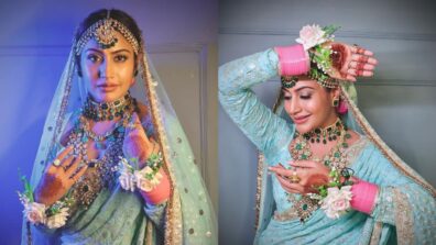 Surbhi Chandna decks up like gorgeous bride in aqua blue shimmery saree, we are in love