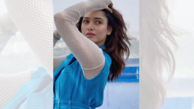 Tamannaah Bhatia Dons A White Net Top With A Blue Blazer Dress