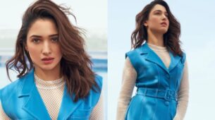 Tamannaah Bhatia is a visual delight in stylish net-printed nude shade blue midi jacket swag, you will love it