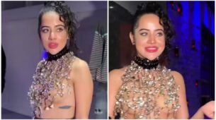 Urfi Javed’s audacious appearance in black crystals choker with a black side-slit skirt