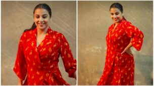 Vidya Balan’s maroon Mr. Beak wrap dress from the House of Masaba is ideal for a movie promotion