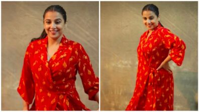 Vidya Balan’s maroon Mr. Beak wrap dress from the House of Masaba is ideal for a movie promotion