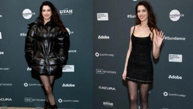 Anne Hathaway Shows Off Toned Legs In A Black Mini Dress With Black Puffer Jacket at Sundance Film Festival