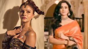Desi Vs Videsi: Shweta Tiwari in desi saree Vs Rubina Dilaik in strapless golden shimmery outfit, who’s your favourite?