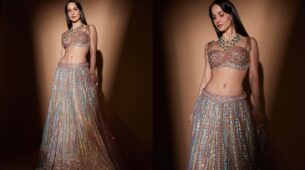 Fashion: Elli AvrRam looks fascinating in shimmer Georgette Embroidered Lehenga