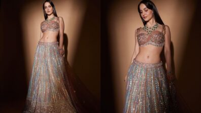 Fashion: Elli AvrRam looks fascinating in shimmer Georgette Embroidered Lehenga