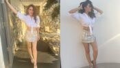 Hansika Motwani Creates Oomph Look In White Shirt And Shimmery Slit Skirt