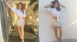Hansika Motwani Creates Oomph Look In White Shirt And Shimmery Slit Skirt
