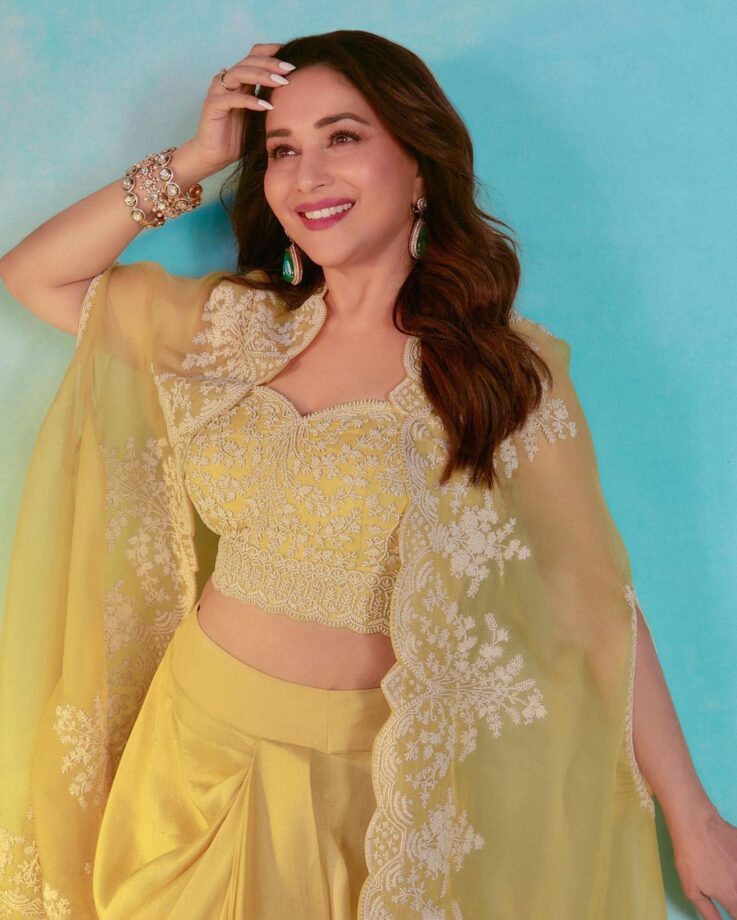 In Pics: Madhuri Dixit Looks Captivating In Yellow Chikankari Work Georgette Skirt Suit set 756519