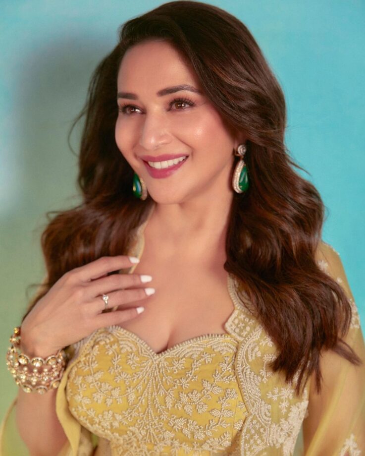 In Pics: Madhuri Dixit Looks Captivating In Yellow Chikankari Work Georgette Skirt Suit set 756517