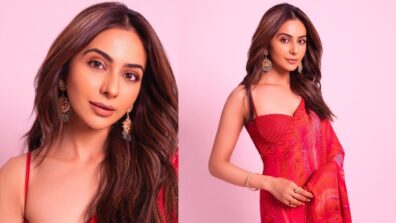 Rakul Preet Singh Flaunts Toned Figure In Red Chiffon Saree; Check Now!