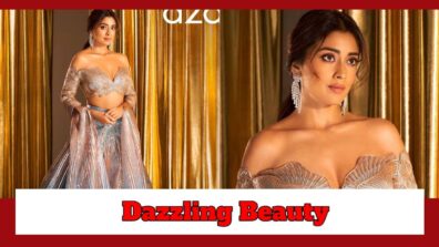 Shriya Sharan Is A Dazzling Beauty In Lavender Metallic Lehenga With Off-Shoulder Blouse