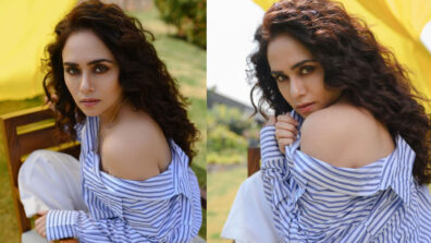 Amruta Khanvilkar Looks Ravishing In A White And Blue Striped Shirt With Beige Pants, Check Now!