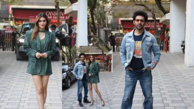 Kriti Sanon And Kartik Aaryan Pose In Contrasted Casuals For Shehzada Promotion, See Pics