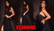 Mouni Roy sizzles in a one shoulder black embellished thigh-high slit gown, see pics