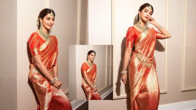 Pooja Hegde Looks Gorgeous In Dual Tone Silk Saree With Polka Jewellery