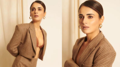 Radhika Madan Creates Oomph Look In All-Brown Bralette With Coat And High Slit Skirt