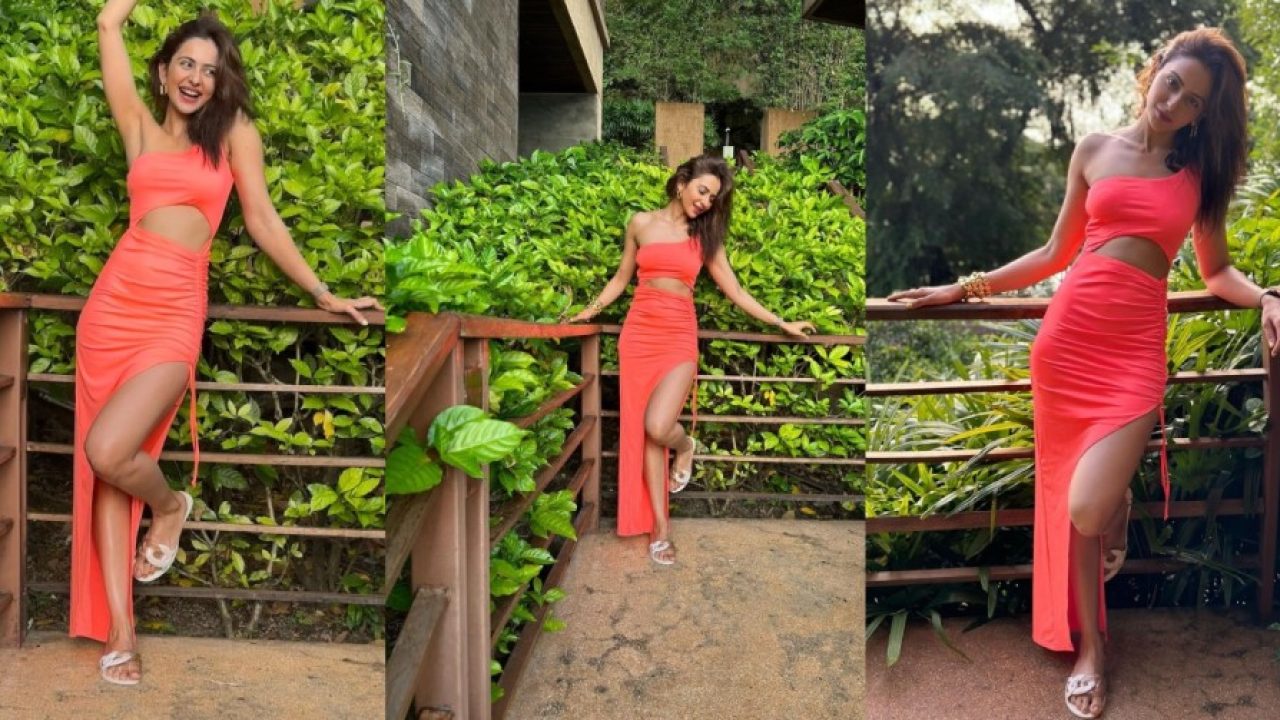 Rakul Preet Singh Looks Sizzling In A Peach Coloured One-Shoulder Side-Slit Maxi Dress 776774