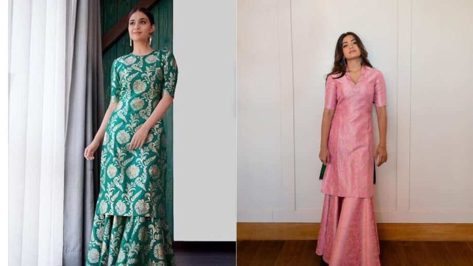 Rashmika Mandanna sported a pink silk brocade sharara outfit, while Keerthy wore a green floral one. Who do you think won the hearts, Rashmika or Keerthy? 772065