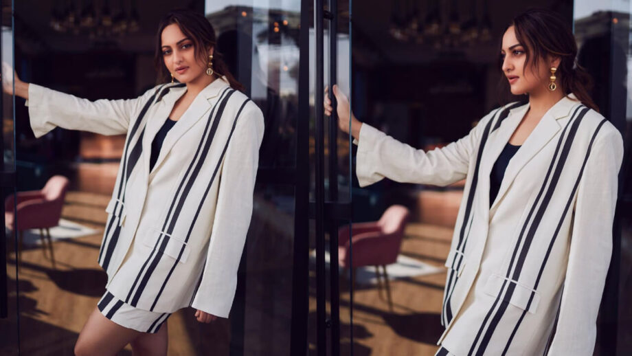 Sonakshi Sinha Spices Things Up In A White And Black Striped Blazer With Short Pants Outfit 770412