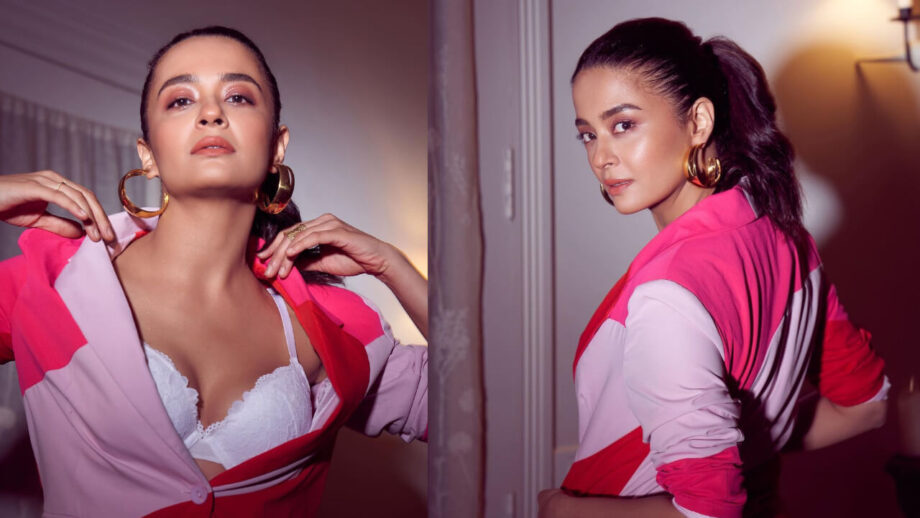Surveen Chawla Looks Stunning In A White Bralette And Multi Coloured Blazer Outfit 778060