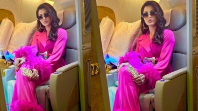 Urvashi Rautela Oozes And Creates Oomph Look In Pink Feather Trimmed Outfit