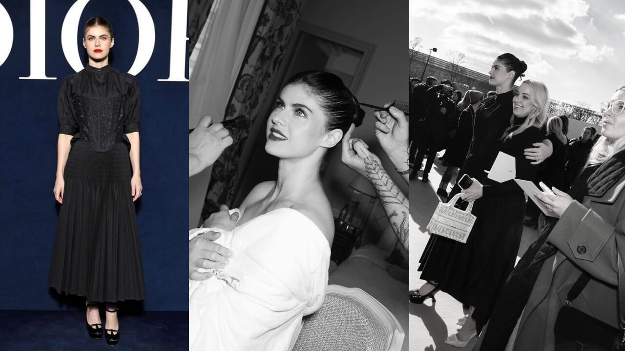 Alexandra Daddario Dresses Up In A Black Satin Corset Midi Dress 779363
