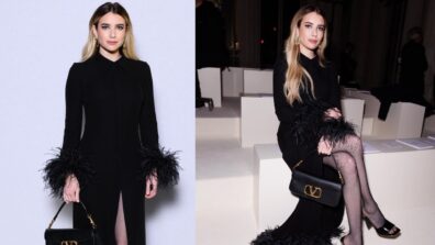 Check Out: Emma Roberts Shows Her Fashion Game In A Black Thigh-High Slit Dress