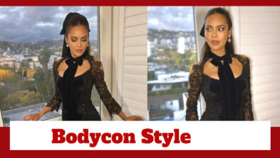 Esha Gupta Excels In This Laced-Worked Sheer Bodycon In Black