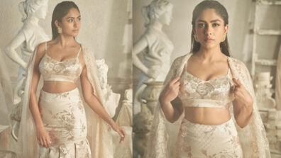 Mrunal Thakur Looks Like A Royal Princess In A Cream Colored Floral Printed Lehenga Set