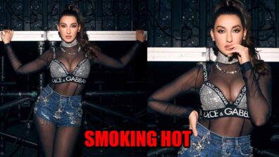 Nora Fatehi Looks Smoking Hot In Sequin Bralette And Safety Pin Denim Shorts