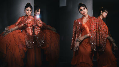 Shilpa Shetty Oozes Oomph In A Orange Frilled Saree With Mirror Work Jacket