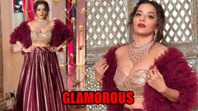 Ethnic Beauty Monalisa’s Glamorous Look In Golden And Wine Lehenga Set Will Make You Go Wow