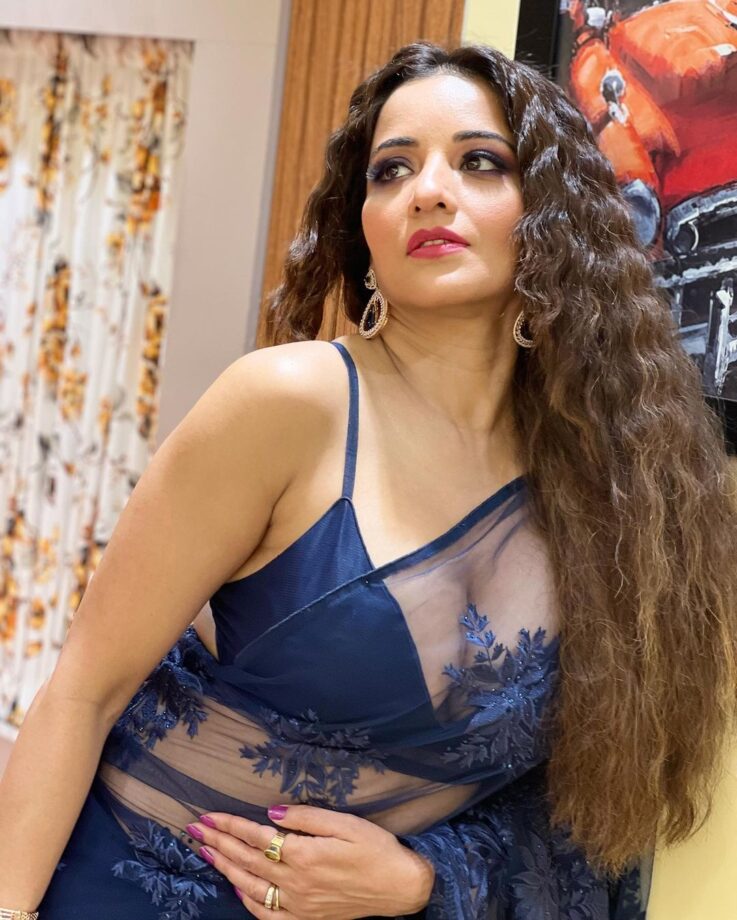 Monalisa Sets Internet On Fire In See-Through Transparent Blue Saree, Check Photos - 2